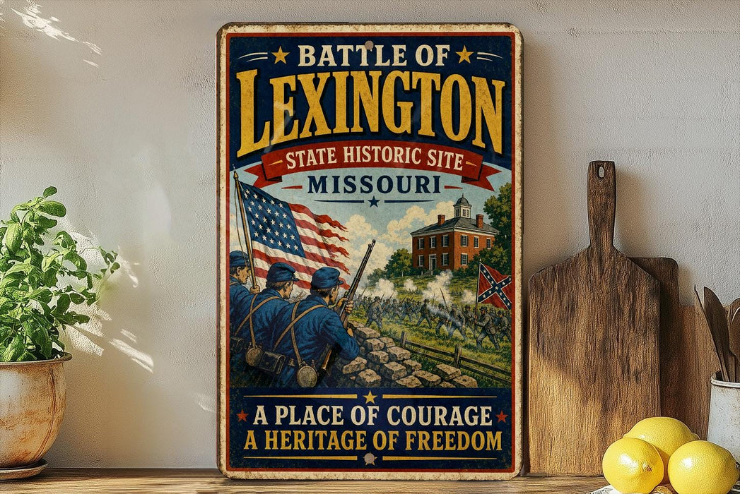 A vintage metal sign with a historical battle scene depicting soldiers marching in front of a state historic site in Missouri.