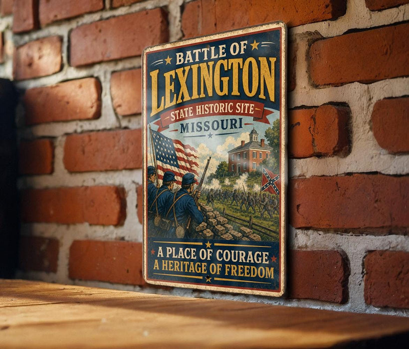 A vintage metal sign with a historical illustration of a battle scene, mounted on a brick wall.
