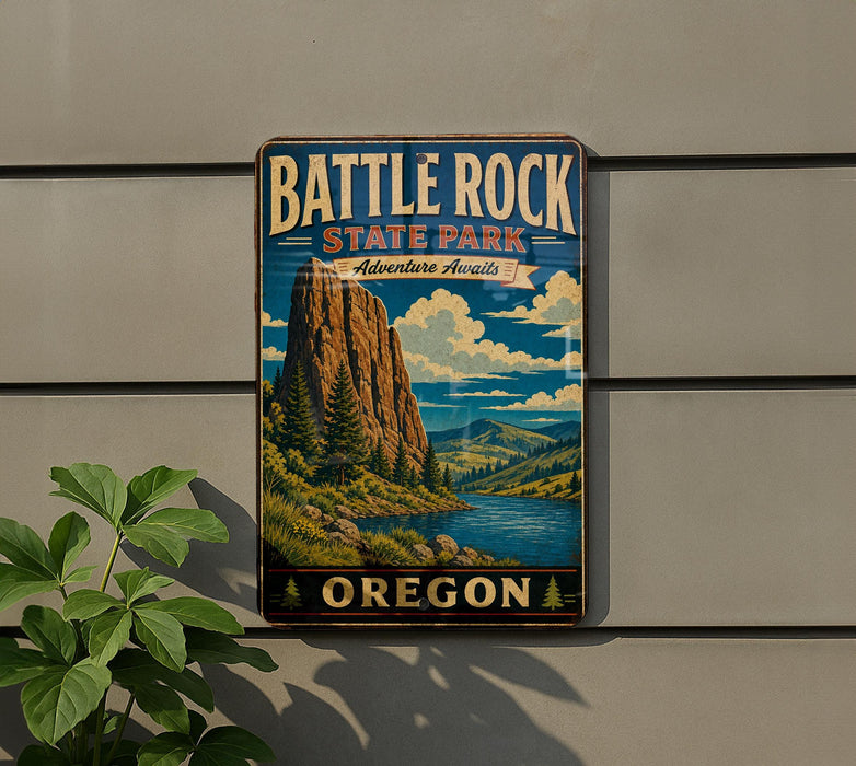 A vintage metal sign for Battle Rock State Park in Oregon, featuring a scenic landscape with a mountain, river, and pine trees.