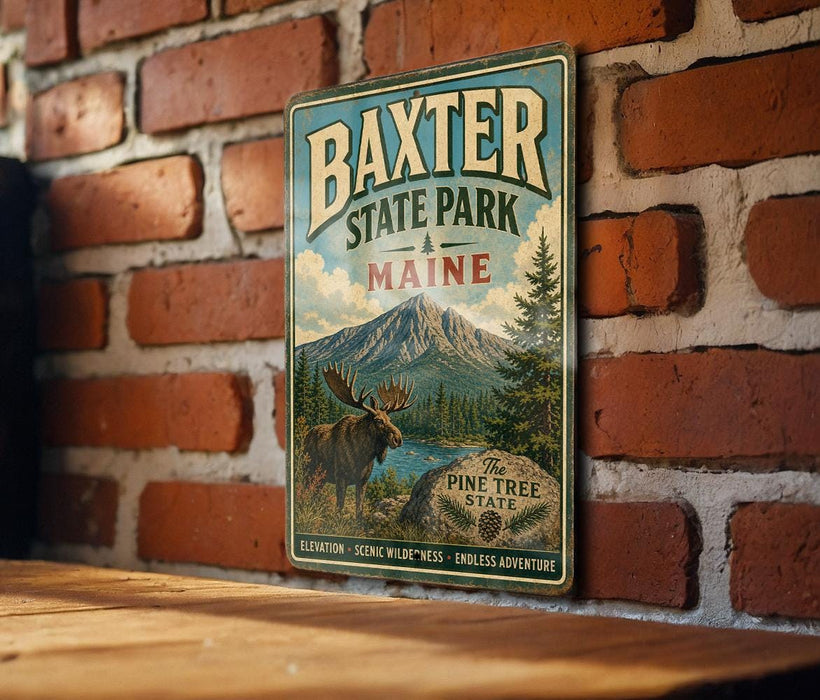 A vintage metal sign for Baxter State Park in Maine, featuring a moose and a mountain landscape.