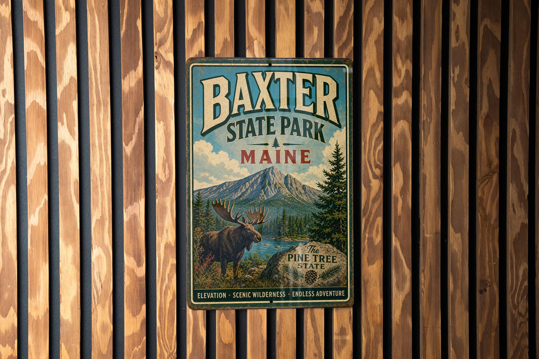 A vintage metal sign for Baxter State Park in Maine, featuring a moose and a pine tree in a scenic landscape.