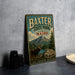 A vintage metal sign for Baxter State Park in Maine, featuring a moose and a mountain landscape.
