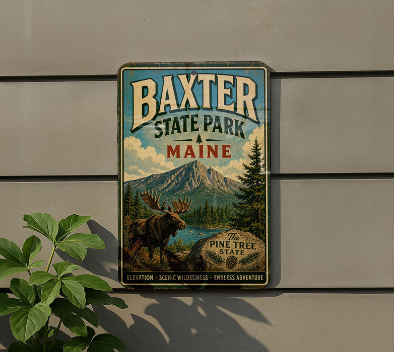 A vintage metal sign for Baxter State Park in Maine, featuring a moose and a mountain landscape.