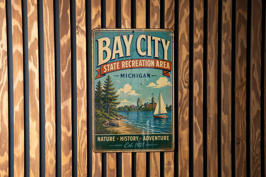 A vintage metal sign for Bay City State Recreation Area in Michigan, featuring a scenic illustration of a sailboat on a lake surrounded by trees.