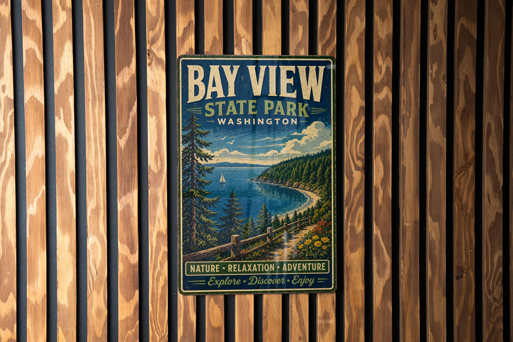 A vintage-style metal sign for Bay View State Park in Washington, featuring a scenic landscape with a lake, mountains, and pine trees.