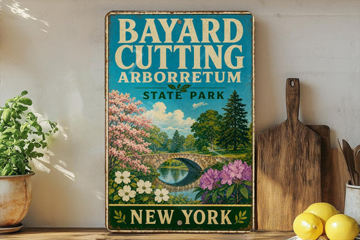 A vintage-style sign for Bayard Cutting Arboretum in New York, featuring a scenic landscape with a bridge, trees, and flowers.