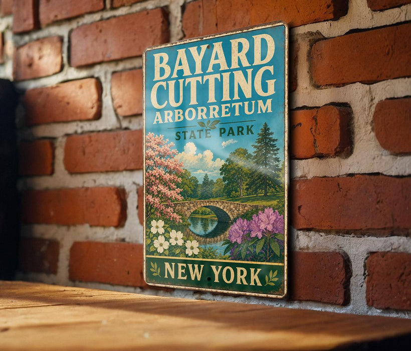 A vintage metal sign for Bayard Cutting Arborretum State Park in New York, featuring a scenic landscape with a bridge, flowers, and a pond.