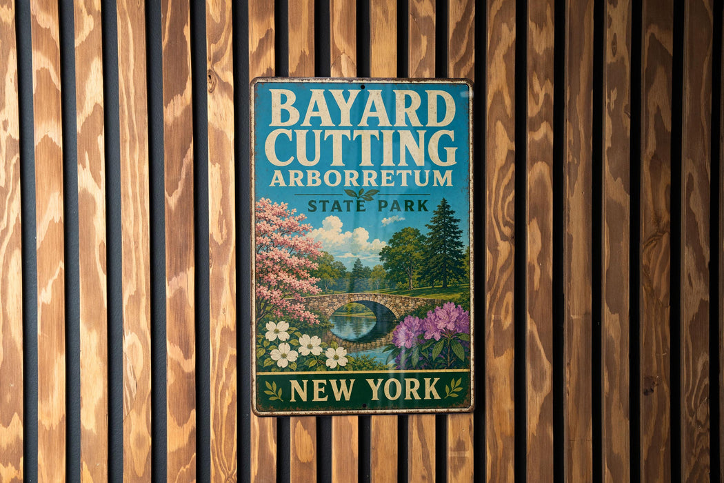 A vintage metal sign for Bayard Cutting Arboretum in New York, featuring a scenic landscape with a bridge and blooming trees.
