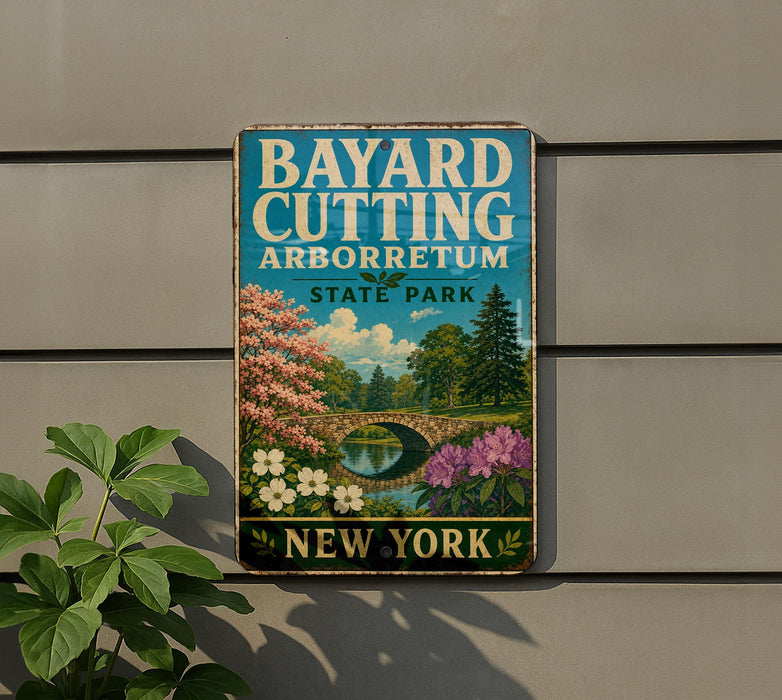 A vintage-style sign for Bayard Cutting Arboretum in New York, featuring a scenic landscape with a bridge, trees, and flowers.