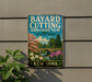 A vintage-style sign for Bayard Cutting Arboretum in New York, featuring a scenic landscape with a bridge, trees, and flowers.