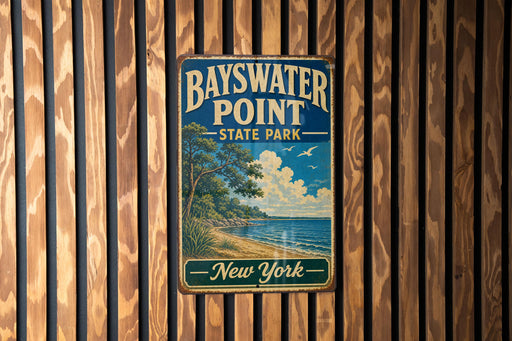 A vintage metal sign for Bayswater Point State Park in New York, featuring a scenic landscape with a beach, trees, and a body of water.