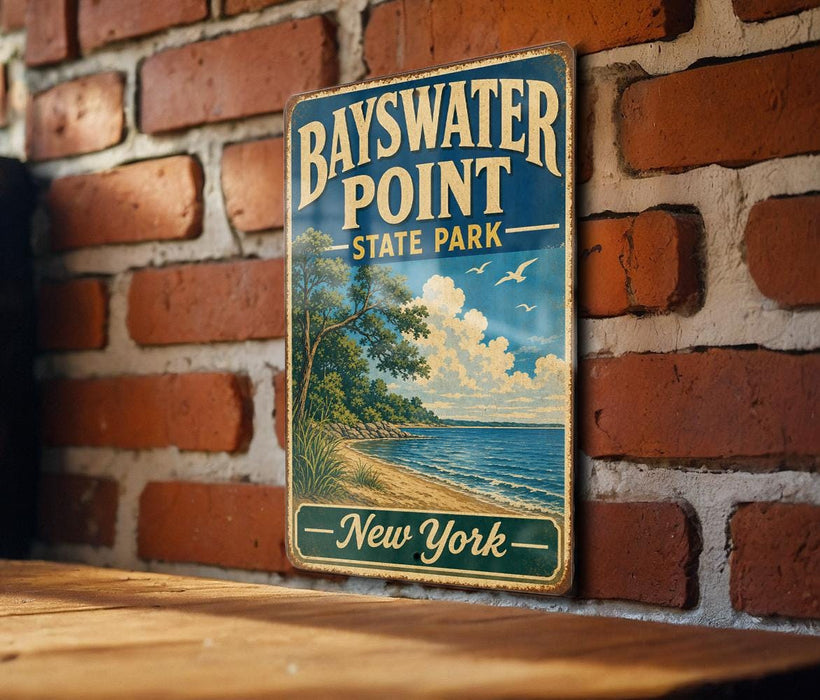 A vintage-style metal sign for Bayswater Point State Park in New York, featuring a scenic landscape with a beach, trees, and a body of water.