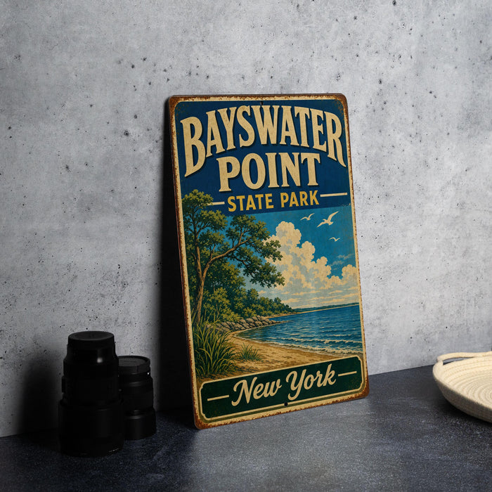 A vintage-style sign for Bayswater Point State Park in New York, featuring a scenic illustration of a beach and lake.