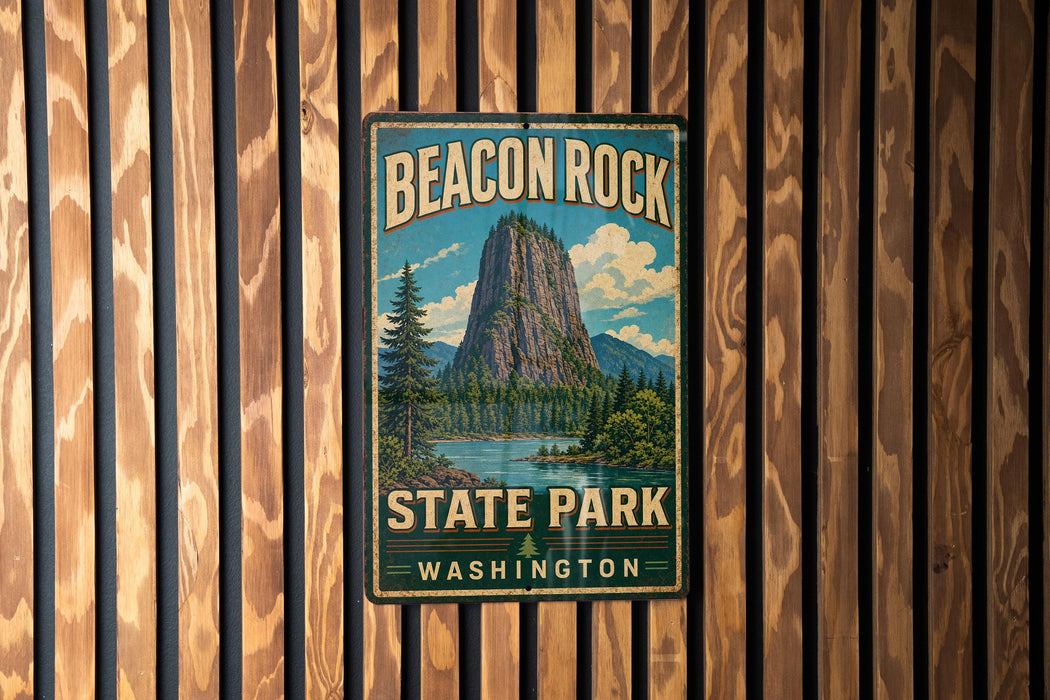 A vintage-style sign for Beacon Rock State Park in Washington, featuring a mountain landscape with a lake and pine trees.