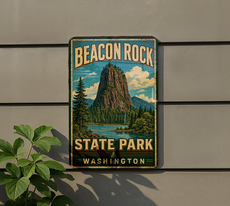 A vintage-style metal sign for Beacon Rock State Park in Washington, featuring a scenic mountain landscape with a lake and pine trees.