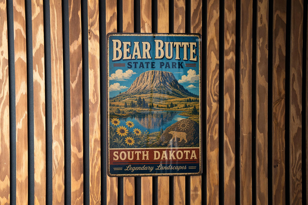 A vintage metal sign for Bear Butte State Park in South Dakota, featuring a mountain landscape with a lake and sunflowers.