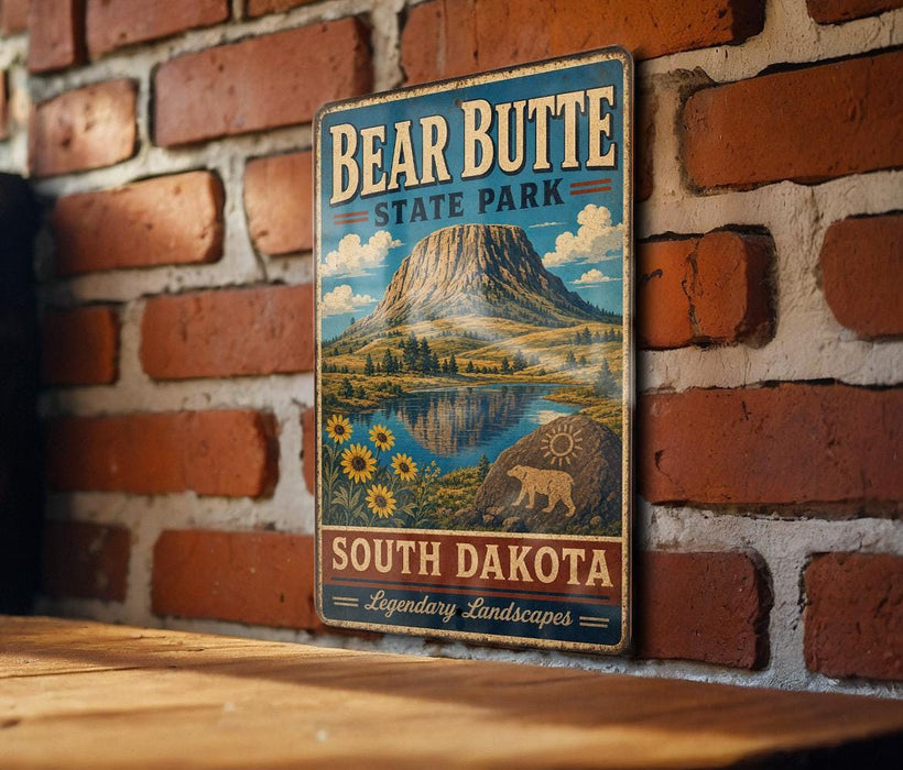 A vintage metal sign for Bear Butte State Park in South Dakota, featuring a mountain landscape with a lake and sunflowers.