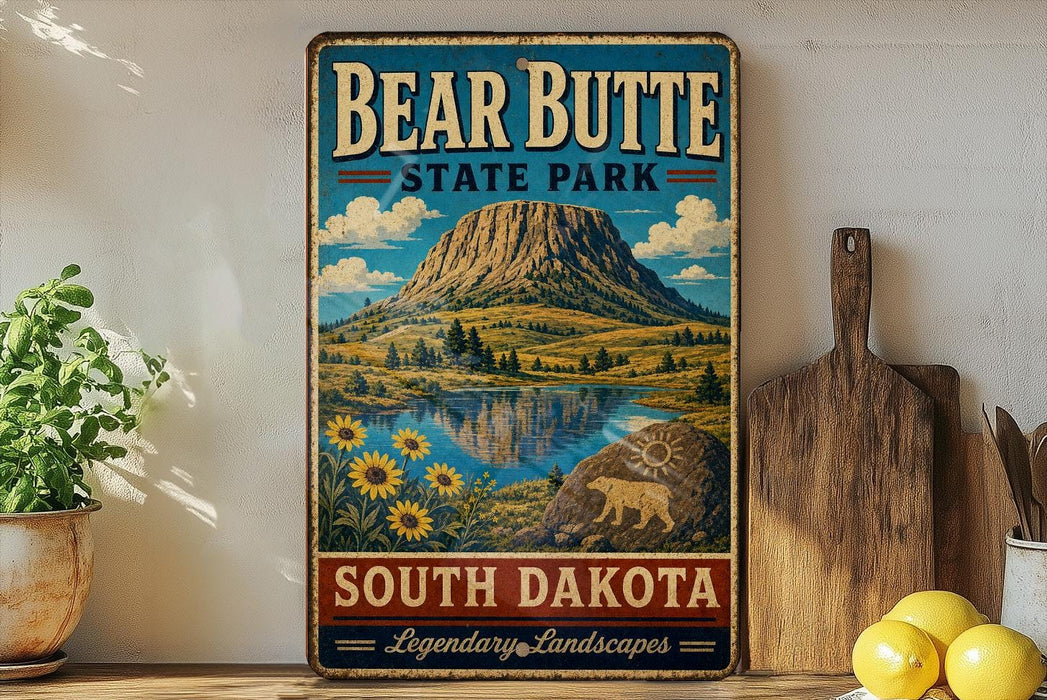 A vintage-style sign for Bear Butte State Park in South Dakota, featuring a mountain landscape with a lake and sunflowers.