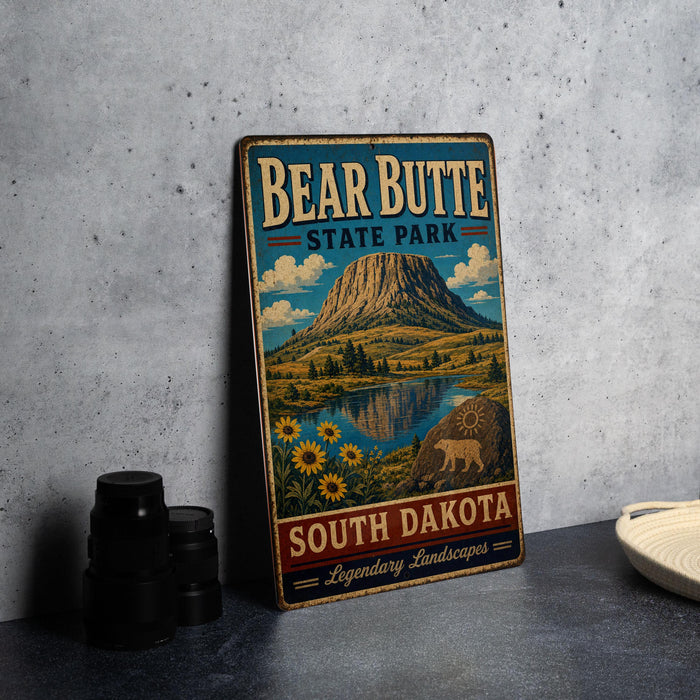 A vintage metal sign for Bear Butte State Park in South Dakota, featuring a mountain landscape with a lake and sunflowers.