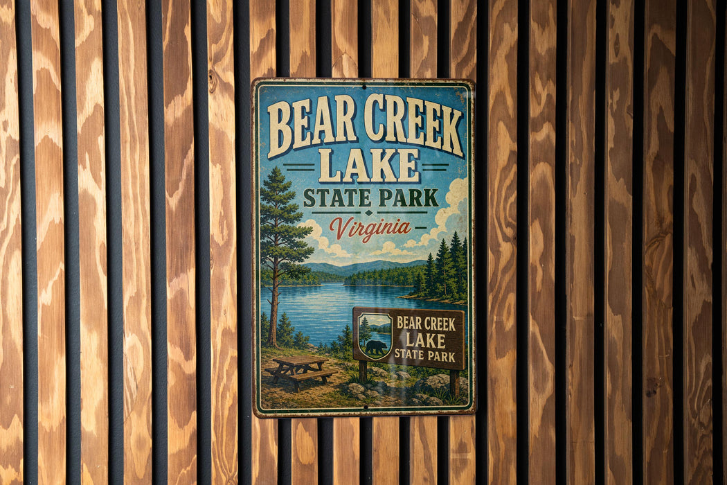 A vintage metal sign for Bear Creek Lake State Park in Virginia, featuring a scenic illustration of the lake and surrounding landscape.