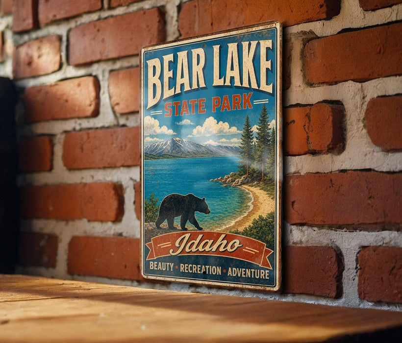 A vintage-style metal sign for Bear Lake State Park in Idaho, featuring a bear walking along a beach and mountains in the background.