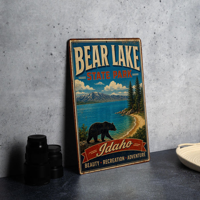 A vintage-style metal sign for Bear Lake State Park in Idaho, featuring a bear walking along a beach and mountains in the background.