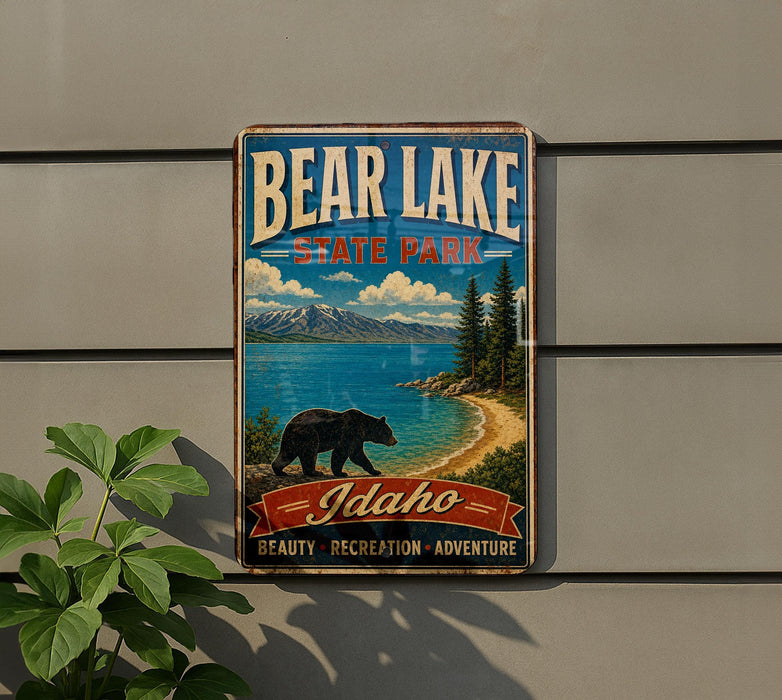 A vintage-style sign for Bear Lake State Park in Idaho, featuring a bear and a scenic landscape.