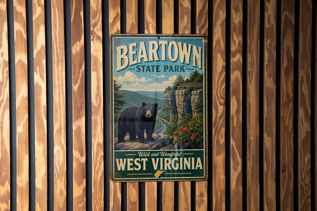 A vintage-style metal sign for Beartown State Park in West Virginia, featuring a black bear in a natural setting.