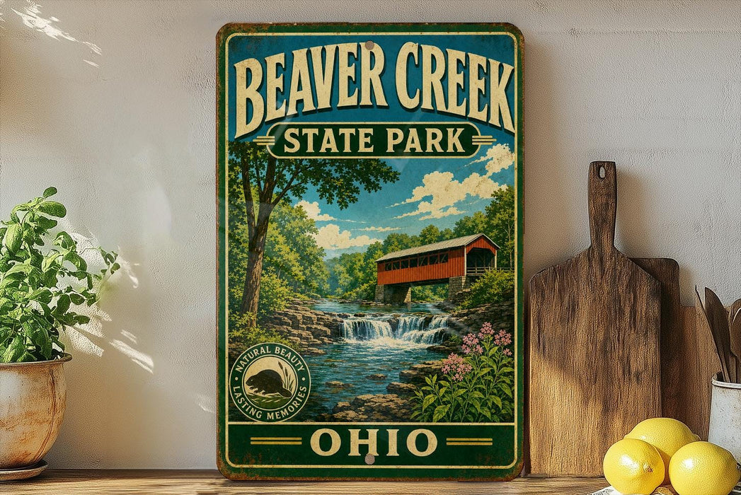 A vintage-style sign for Beaver Creek State Park in Ohio, featuring a scenic illustration of a bridge over a waterfall surrounded by lush greenery.