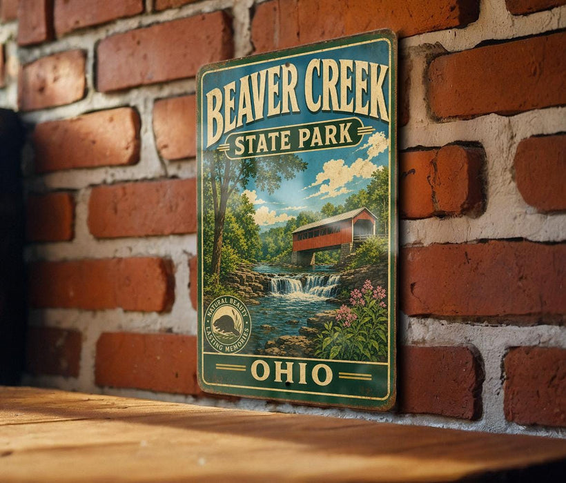 A vintage-style metal sign for Beaver Creek State Park in Ohio, featuring a scenic illustration of a covered bridge and waterfall.