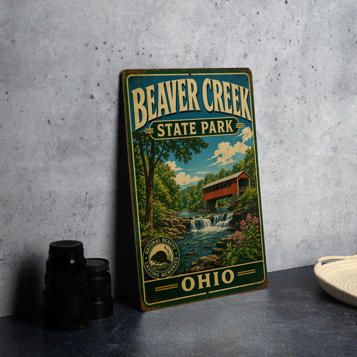 A vintage metal sign for Beaver Creek State Park in Ohio, featuring a scenic illustration of a bridge and waterfall surrounded by lush greenery.