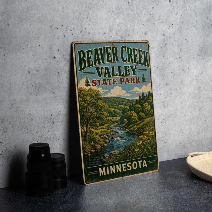 A vintage-style metal sign for Beaver Creek Valley State Park in Minnesota, featuring a scenic illustration of a river and forest landscape.