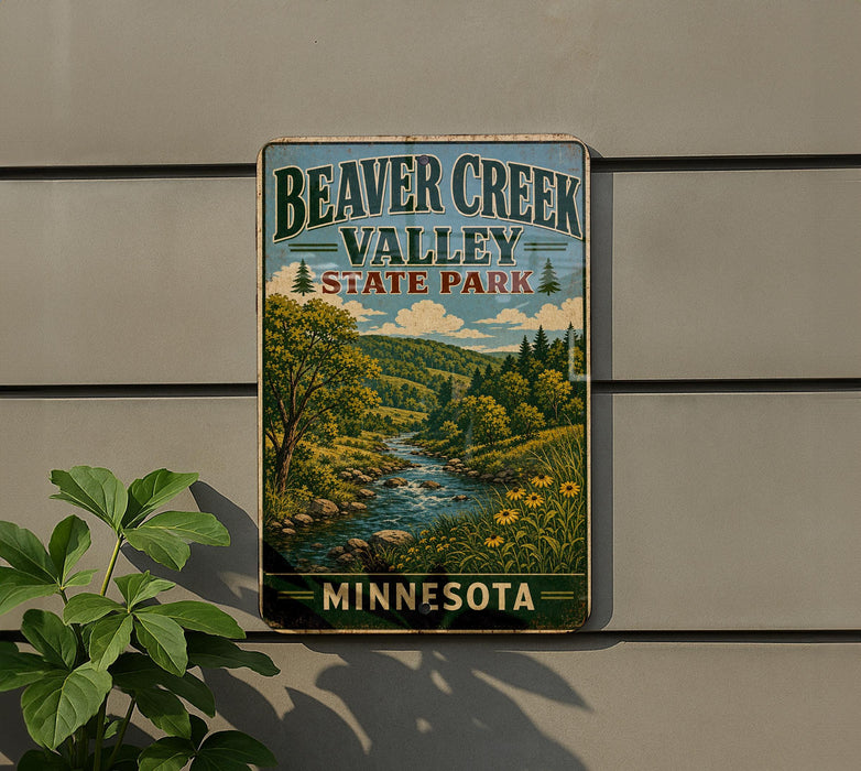 A vintage-style sign for Beaver Creek Valley State Park in Minnesota, featuring a scenic landscape with a river and trees.