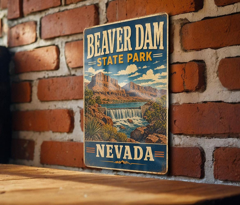A vintage-style metal sign for Beaver Dam State Park in Nevada, featuring a scenic illustration of the park's landscape.