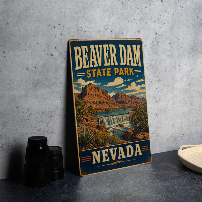 A vintage-style metal sign for Beaver Dam State Park in Nevada, featuring an illustration of the park's landscape with a waterfall.