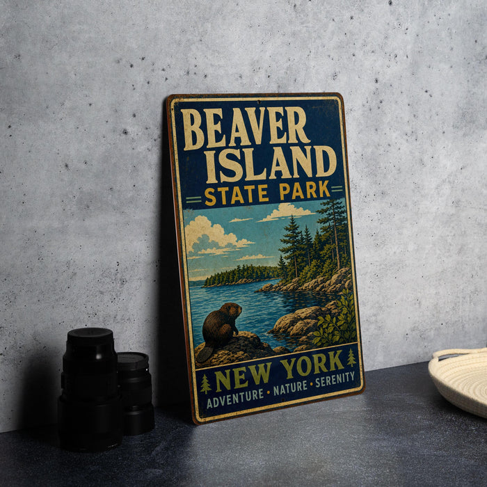 A vintage-style metal sign for Beaver Island State Park, featuring a scenic illustration of a beaver and a lake surrounded by pine trees.
