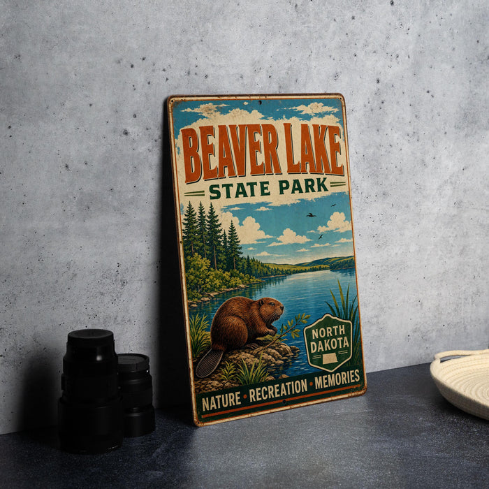 A vintage-style metal sign for Beaver Lake State Park, featuring a beaver and a scenic landscape, is displayed on a gray concrete surface.