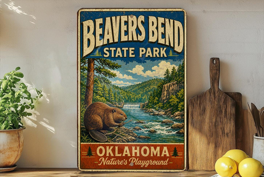 A vintage-style metal sign for Beaver Bend State Park, featuring an illustration of a beaver in a river surrounded by trees and mountains.