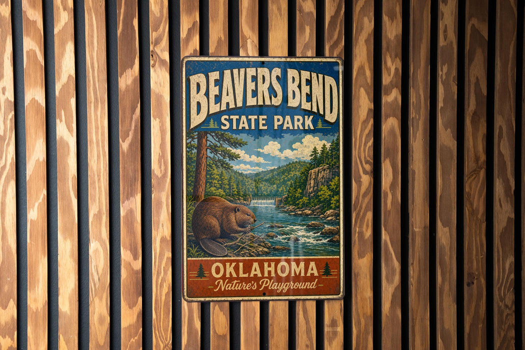 A vintage metal sign for Beaver Bend State Park in Oklahoma, featuring an illustration of a beaver in a river surrounded by trees and mountains.