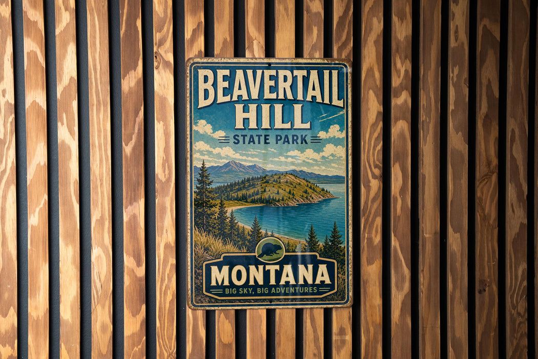 A vintage metal sign for Beavertail Hill State Park in Montana, featuring a scenic landscape with mountains, pine trees, and a lake.
