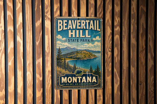 A vintage metal sign for Beavertail Hill State Park in Montana, featuring a scenic landscape with mountains, pine trees, and a lake.