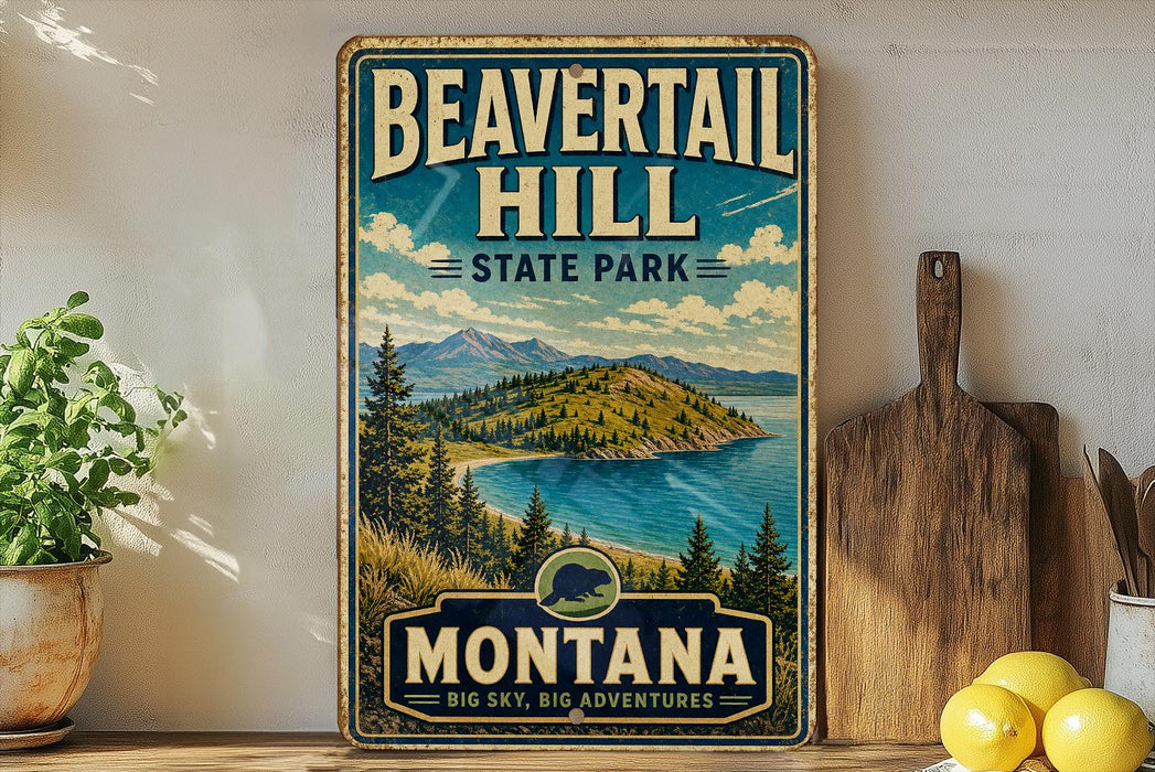 A vintage-style metal sign for Beavertail Hill State Park in Montana, featuring a scenic landscape with mountains, pine trees, and a lake.