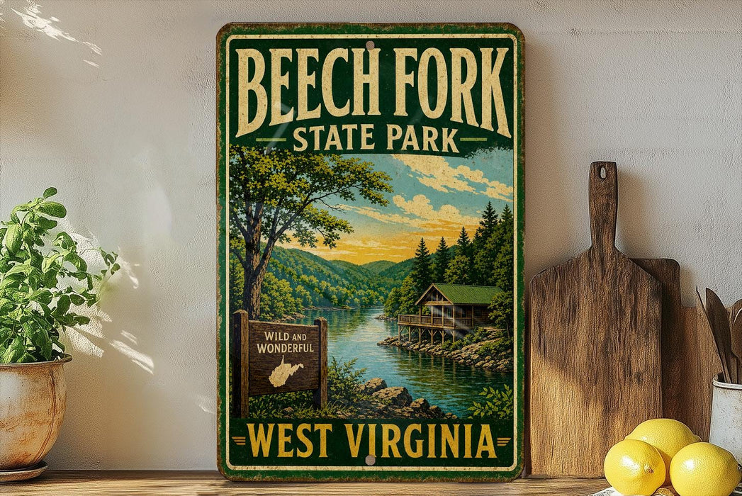 A vintage-style sign for Beech Fork State Park in West Virginia, featuring a scenic landscape with a river, forest, and cabin.