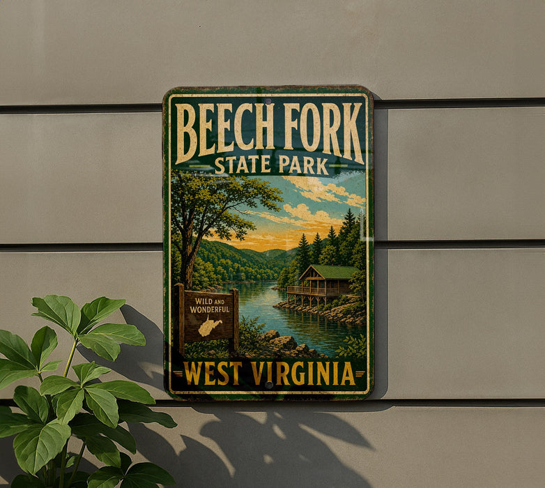 A vintage-style metal sign for Beech Fork State Park in West Virginia, featuring a scenic landscape with a river, trees, and a cabin.