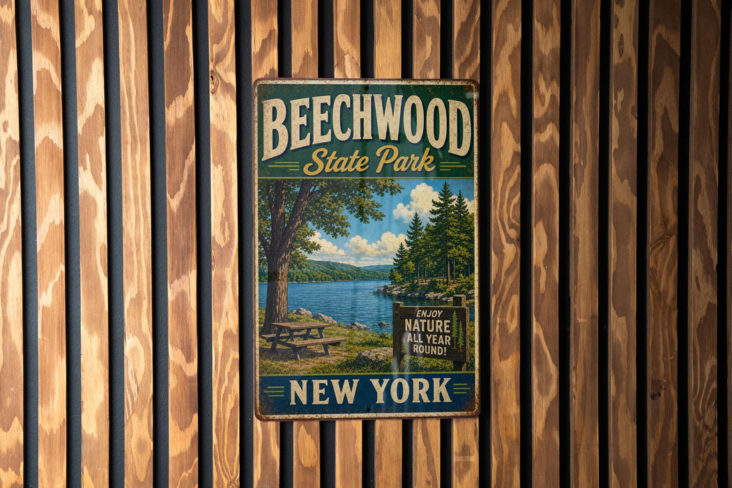 A vintage metal sign for Beechwood State Park in New York, featuring a scenic image of a lake and forest.