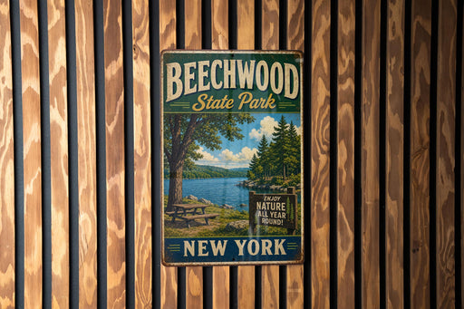 A vintage metal sign for Beechwood State Park in New York, featuring a scenic image of a lake and forest.