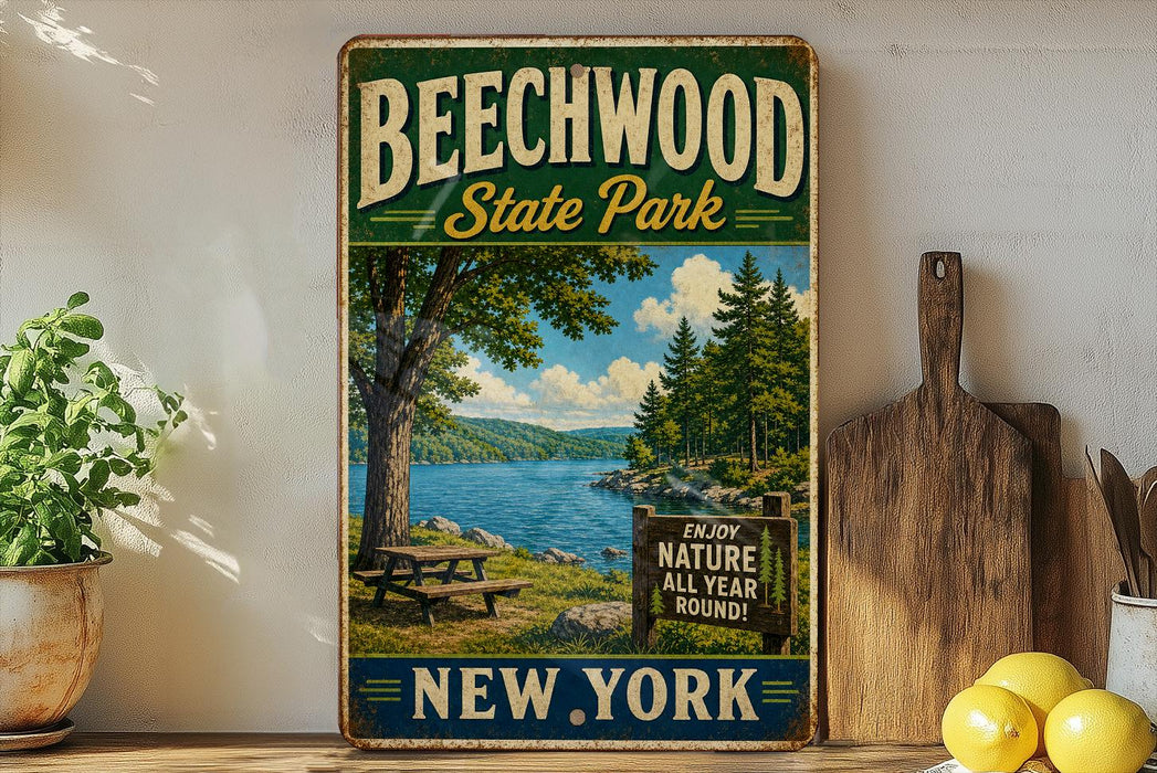 A vintage-style sign for Beechwood State Park in New York, featuring a scenic image of a lake and forest.