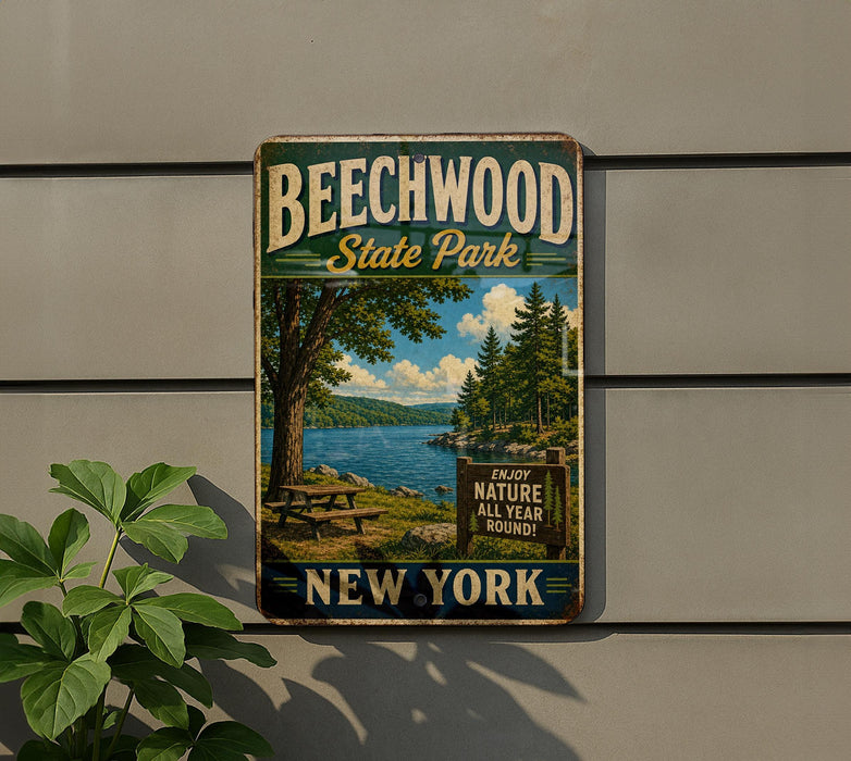 A vintage-style metal sign for Beechwood State Park, featuring a scenic image of a lake and forest, mounted on a wall.