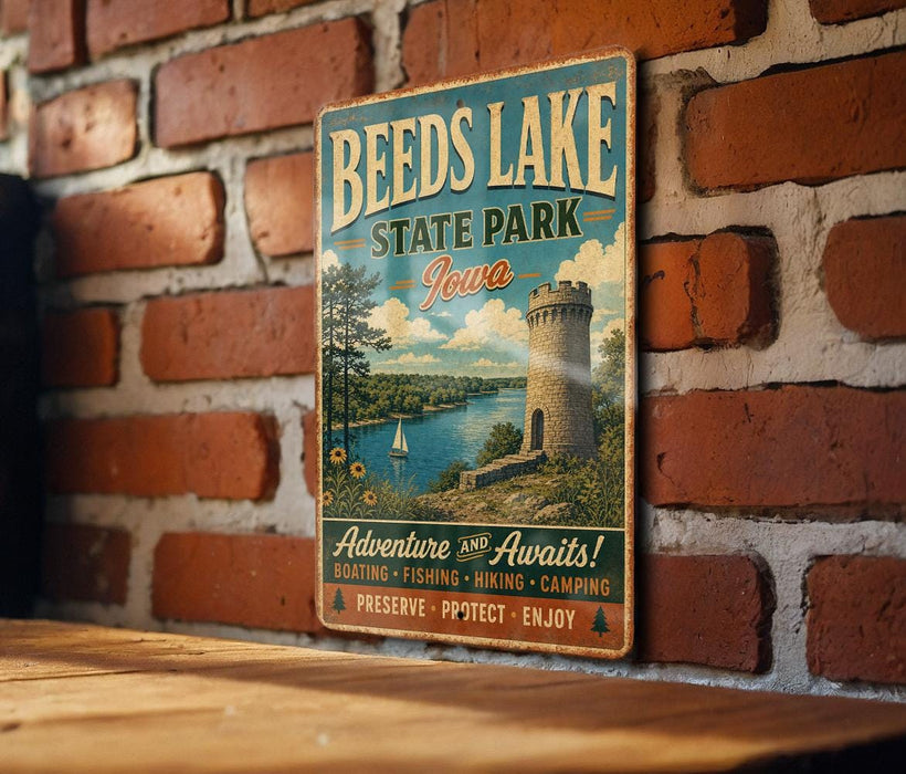 A vintage-style metal sign for Beeds Lake State Park in Iowa, featuring a castle, a lake, and a sailboat, mounted on a brick wall.