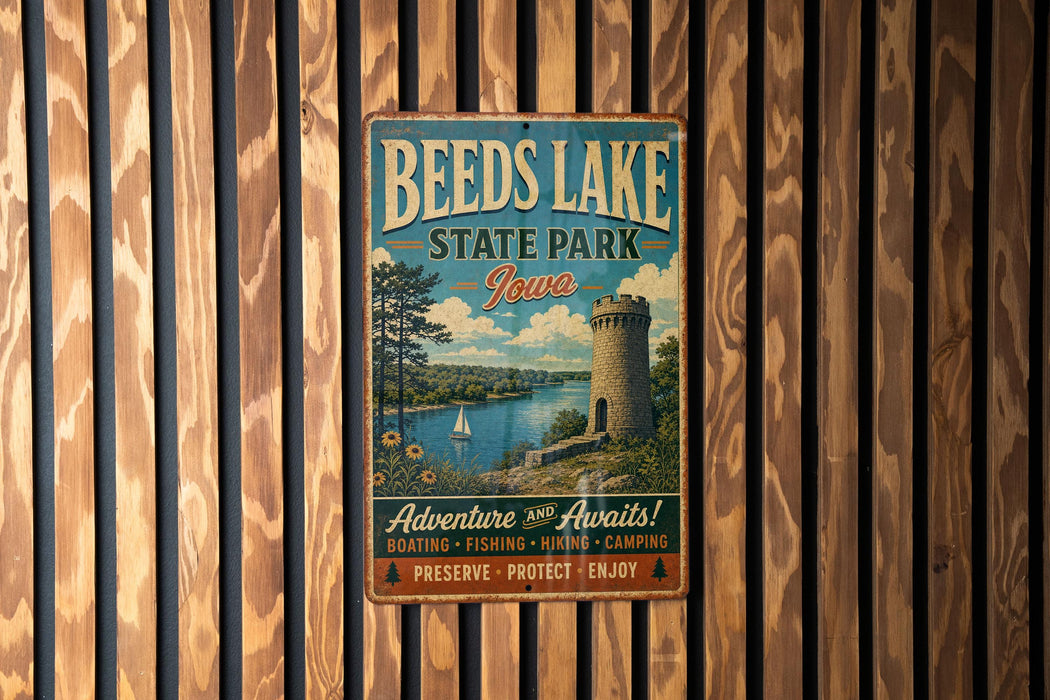 A vintage metal sign for Beeds Lake State Park in Iowa, featuring a castle, a lake, and a sailboat, is displayed on a wooden wall.